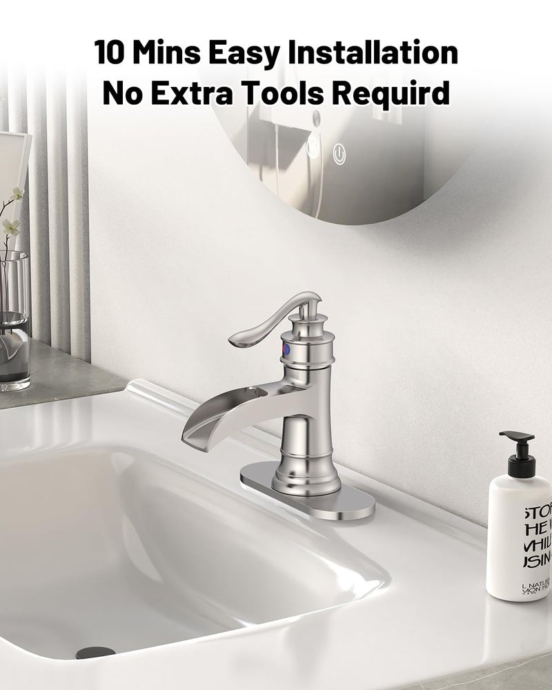 BATHLAVISH Brushed Nickel Waterfall Bathroom Sink Faucet, Single Handle 1 or 3 Hole Farmhouse Bathroom Faucets with Deck, Pop-up Drain, 2 Hoses for Lavatory Washroom Vanity RV - Image 4